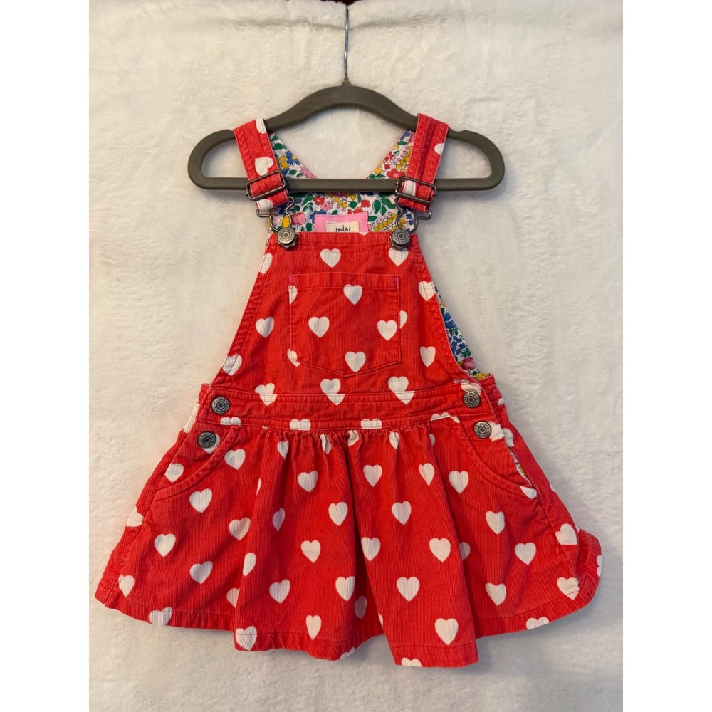 Mini Boden Girls Red Heart Corduroy Pinafore Dress Size 18-24M Floral Lining